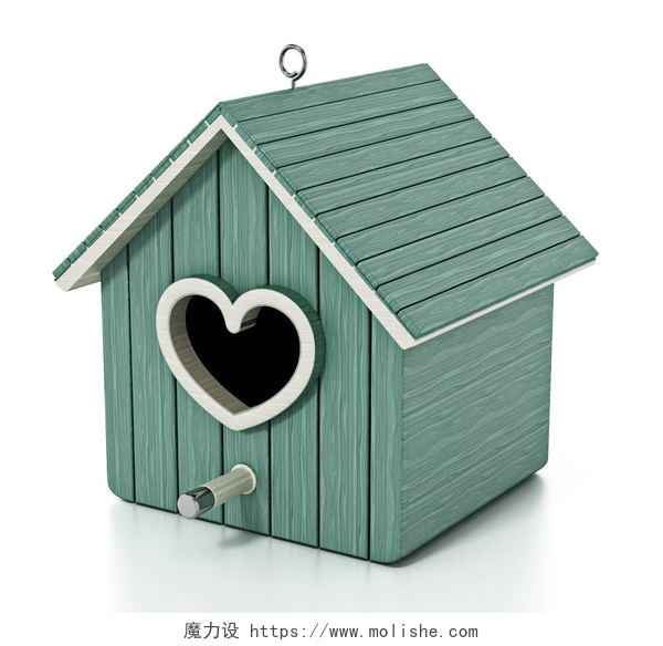 白色背景上的小房子鸟屋与心形的门。3d 插图